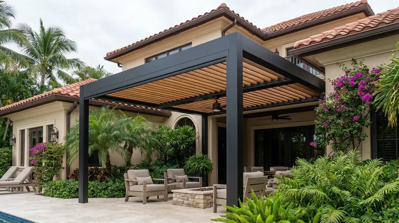 Motorized Louvered Aluminum Pergola — Broward County Motorized Louvered Aluminum Pergola — Broward County — Dellamano Construction, Fort Lauderdale, FL