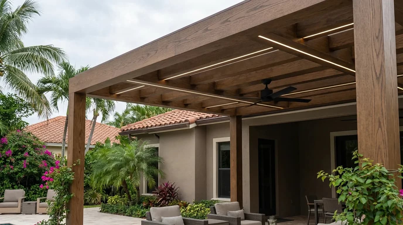 Integrated LED Lighting & Fan — Palm Beach County Pergola Integrated LED Lighting & Fan — Palm Beach County Pergola — Dellamano Construction, Fort Lauderdale, FL