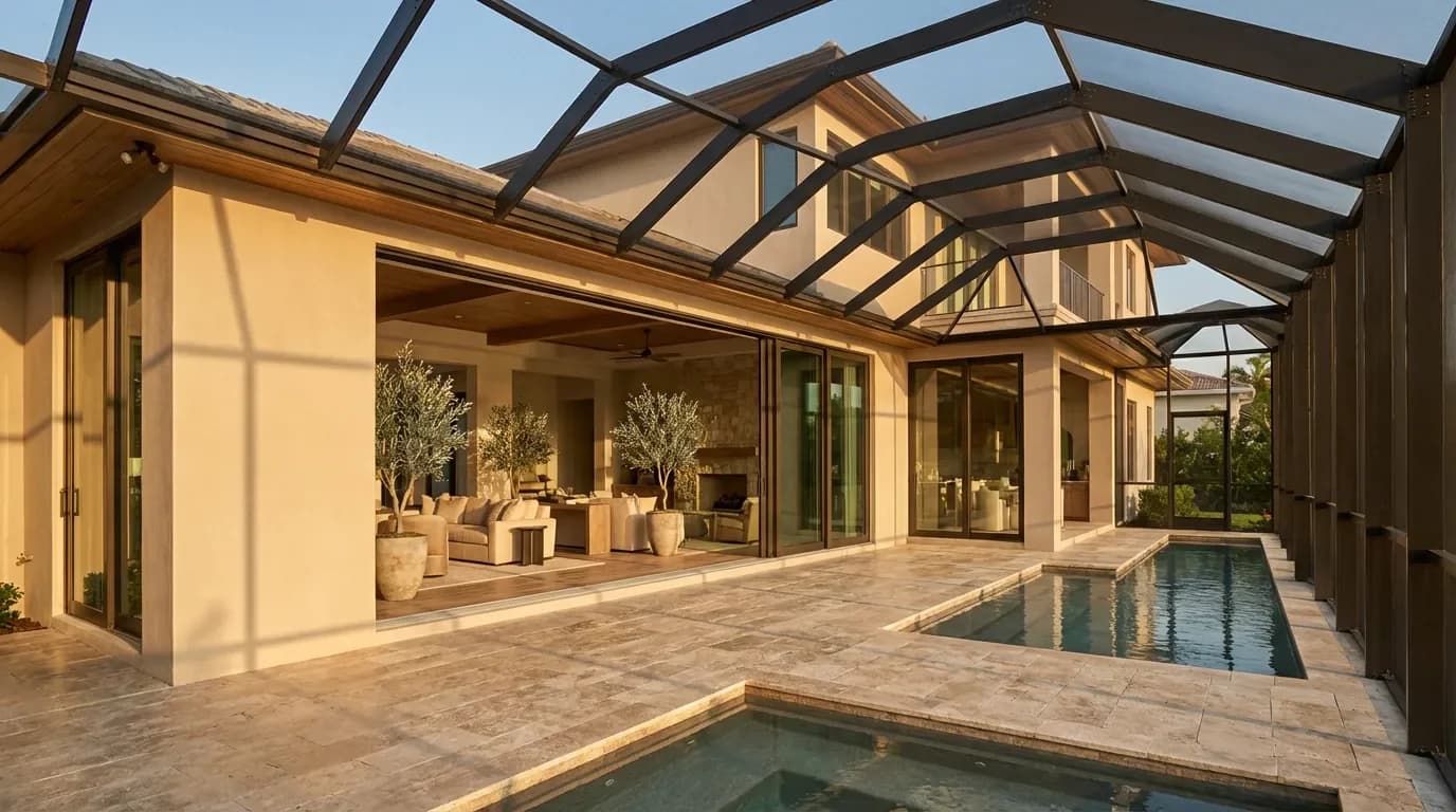 Travertine Deck with Screen Enclosure Travertine Deck with Screen Enclosure — Dellamano Construction, Fort Lauderdale, FL