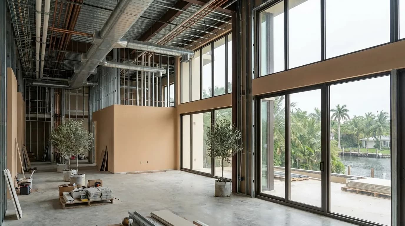 MEP Rough-In Stage: Framing, Duct, and Pipe in Place MEP Rough-In Stage: Framing, Duct, and Pipe in Place — Dellamano Construction, Fort Lauderdale, FL